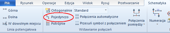 Ćwiczenie 3-18: Narysuj połączenie pomiędzy liniami potencjałowymi. 1.M Schematyka Wstawianie Połączeń Pojedynczo. 2.+ Wybierz pierwszy punkt na górnej linii potencjałowej L1, nad symbolami. 3.+ Wybierz drugi punkt na dolnej linii potencjałowej N, pod symbolami.