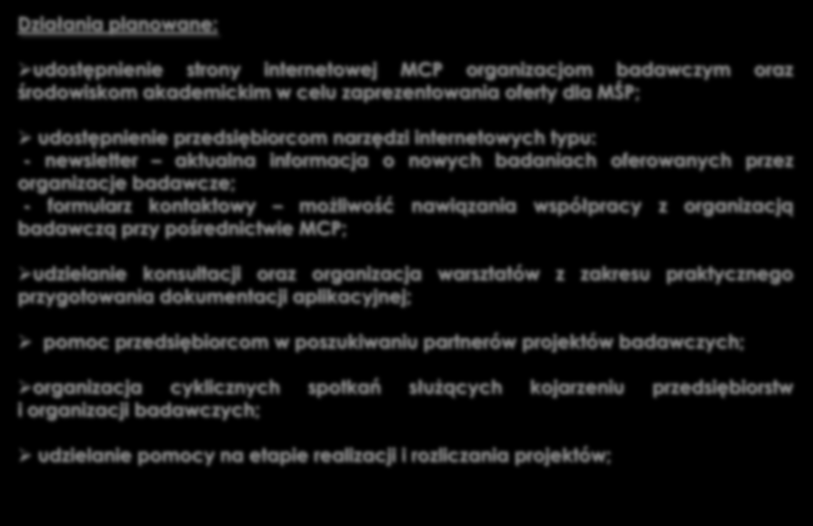 organizacją badawczą przy pośrednictwie MCP; udzielanie konsultacji oraz organizacja warsztatów z zakresu praktycznego przygotowania dokumentacji aplikacyjnej; pomoc przedsiębiorcom w