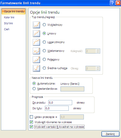 Okno dialogowe w zależności od posiadanej wersji pakieu Microsof Office może również wyglądać ak: Dzięki emu uzyskujemy wykres wraz z linią rendu / wykres poniżej.