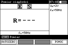Uwaga: 3 Pomiary W czasie trwania pomiaru wyświetlany jest pasek postępu. 3.1 Pomiar ciągłości przewodów ochronnych i wyrównawczych (2p) Uwaga: Pomiar spełnia wymagania normy PN-EN 61557-4 (U<24V, I>200mA dla R 10Ω).