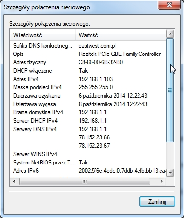 Wyświetlenie informacji o konfiguracji wybranego połączenia.