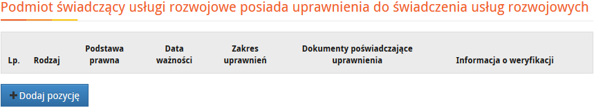 System zapewniania jakości - ścieżka II: uprawnienia do świadczenia usług z mocy prawa Rodzaj wybór podstawy prawnej z listy rozwijanej Podstawa Prawna ostatni dokument uprawniający np.