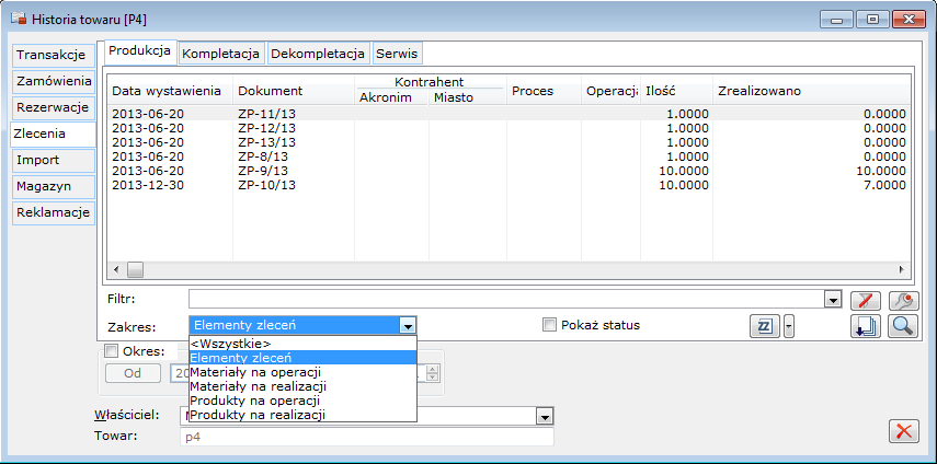 Produkcja 1. Rozbudowa listy zleceń produkcyjnych na historii towaru W wersji 2013.5 została przebudowana lista zleceń produkcyjnych wyświetlanych w kontekście historii towaru.