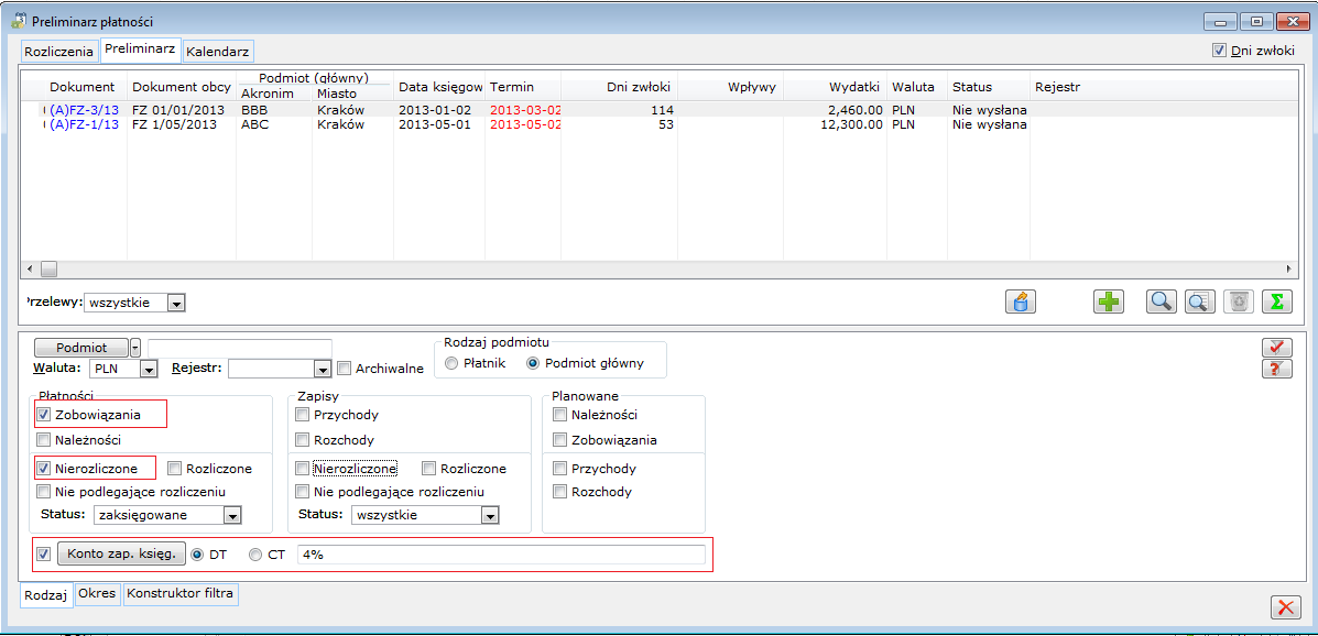 Rysunek 7 Preliminarz płatności, predefiniowane filtry 1.3.