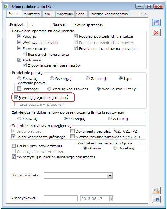 Logistyka 1. Parametryzacja łączenia pozycji z tym samym towarem a różną jednostką W wersji 2013.