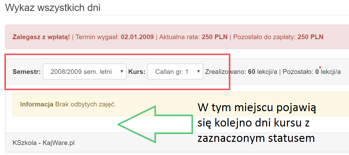 3.4 OBECNOŚCI Moduł Obecności charakteryzuje się podobną funkcjonalnością co Oceny pozwala na podgląd wszystkich obecności i absencji na wybranym kursie.