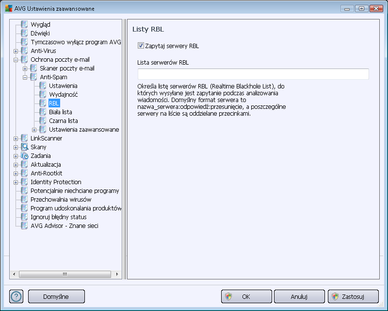 Wybranie pozycji RBL otwiera nowe okno Listy RBL, w którym można włączyć lub wyłączyć funkcję Pytaj serwery RBL: Serwer RBL (Realtime Blackhole List) to specjalny serwer DNS z obszerną bazą danych