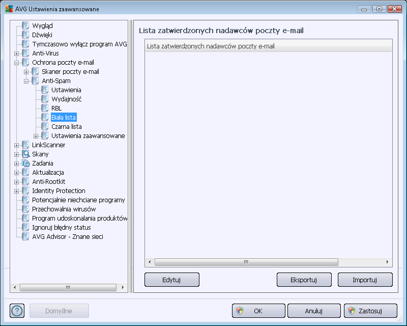 W interfejsie tym można utworzyć listę nadawców, którzy nigdy nie wysyłają niepożądanych wiadomości (spamu). Można także utworzyć listę nazw całych domen (np. avg.com), które nie wysyłają spamu.
