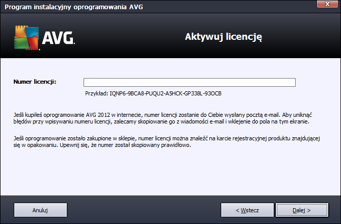 zakończona. System AVG Internet Security 2012 nie będzie zainstalowany! Wstecz powoduje powrót do poprzedniego okna dialogowego.