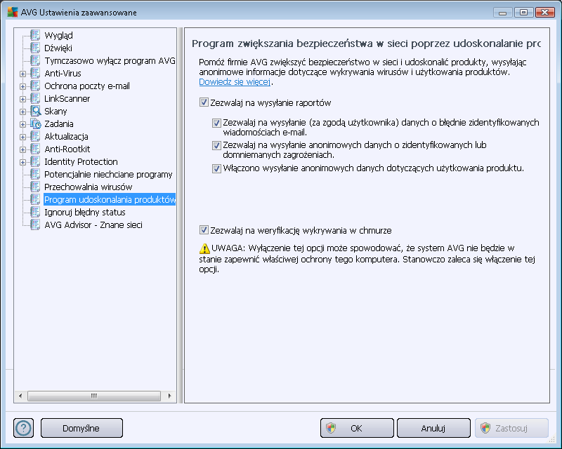 opcjonalne prosimy jednak o pozostawienie tej opcji włączonej. Pozwala ona na udoskonalenie ochrony zapewnianej Tobie i innym użytkownikom AVG.