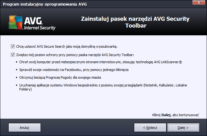 3.6. Zainstaluj pasek narzędzi AVG Security Toolbar W oknie dialogowym Instalowanie paska narzędzi AVG Security Toolbar można zadecydować, czy ma zostać zainstalowany pasek narzędzi AVG Security