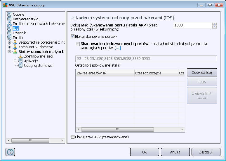 W oknie dialogowym Ustawienia IDS dostępne są następujące opcje: Blokuj ataki przez określony czas pozwala ustawić czas (w sekundach), przez który port powinien być blokowany w przypadku wykrycia na