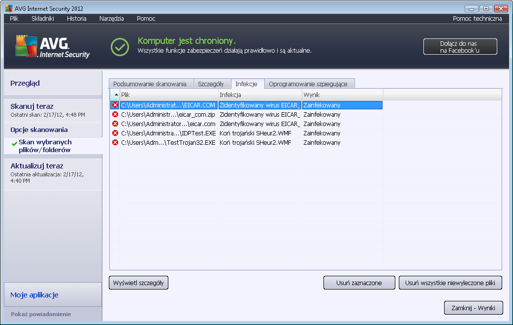 12.7.2. Karta Infekcje Karta Infekcj e jest wyświetlana w oknie dialogowym Wyniki skanowania tylko, jeśli podczas skanowania wykryto wirusa.