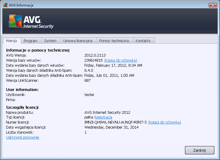 Karta Wersj a podzielona jest na trzy obszary: Informacj e o pomocy technicznej - Dostarcza informacji o wersjach: systemu AVG Internet Security 2012, bazy wirusów, bazy danych składnika Anti-Spam