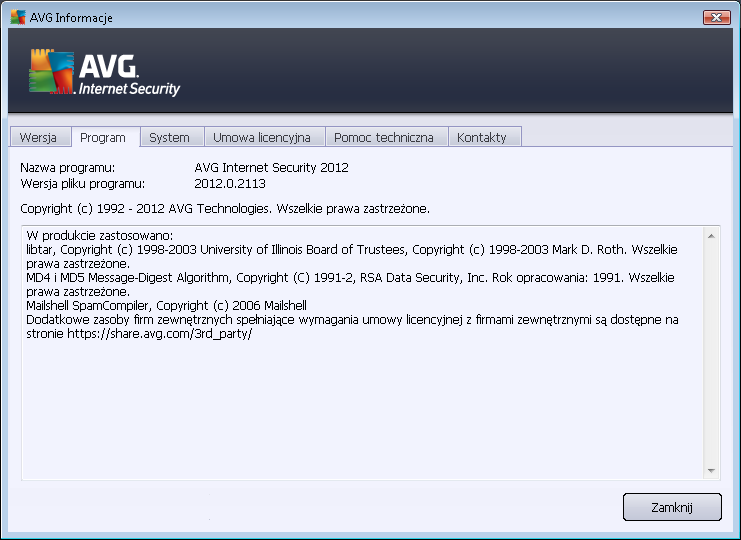 Na karcie Program możesz znaleźć informacje o wersji programu AVG Internet Security 2012 oraz o użytych bibliotekach innych producentów: Karta System wyświetla listę