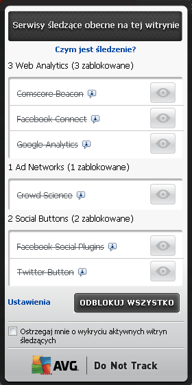 9.3. Blokowanie procesów śledzących Dzięki listom Ad Networks / Social Buttons / Web Analytics, masz możliwość kontrolowania, które z nich powinny zostać zablokowane.