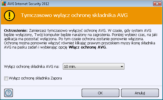 Jak wyłaczyć ochronę AVG Zaznacz pole Tymczasowo wyłącz ochronę AVG, a następnie potwierdź swoją decyzję, klikając przycisk Zastosuj Określ w nowo otwartym oknie Tymczasowo wyłącz ochronę AVG na jak