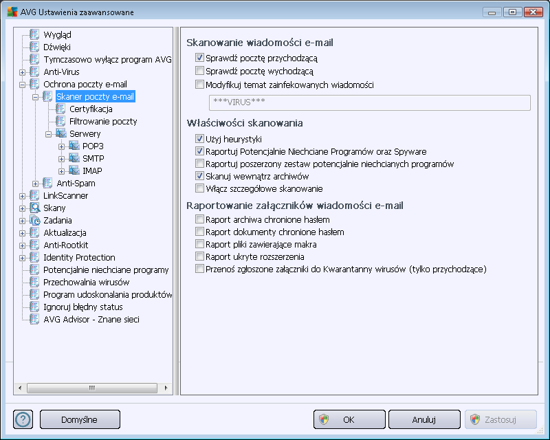 10.5. Ochrona poczty e-mail W sekcji Ochrona poczty e-mail możesz edytować konfigurację składników Skaner poczty e-mail oraz Anti-Spam: 10.5.1. Skaner poczty Okno Skaner poczty e-mail podzielone jest