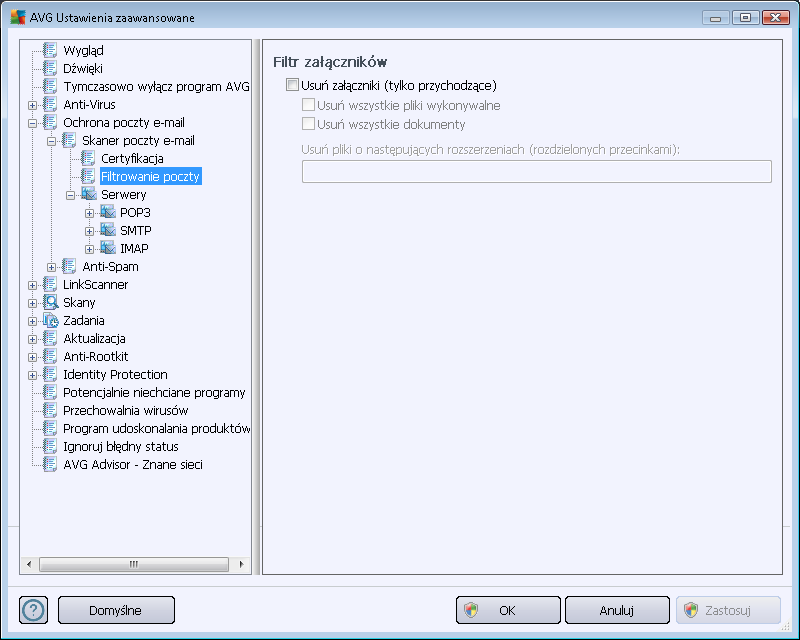 W oknie Filtr załączników można ustawiać parametry skanowania załączników e-mail. Opcja Usuń załączniki jest domyślnie wyłączona.