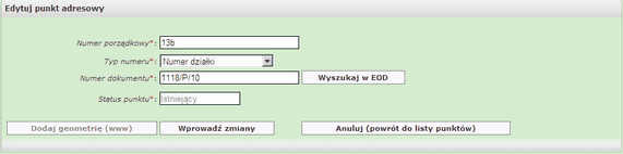 Moduł Rejestrów 10 Aby dodać geometrię ulicy należy z paska narzędziowego wybrać ikonę "Ustal geometrię". Następnie wskazując na mapie kliknięciem kolejne punkty należy narysować łamaną.