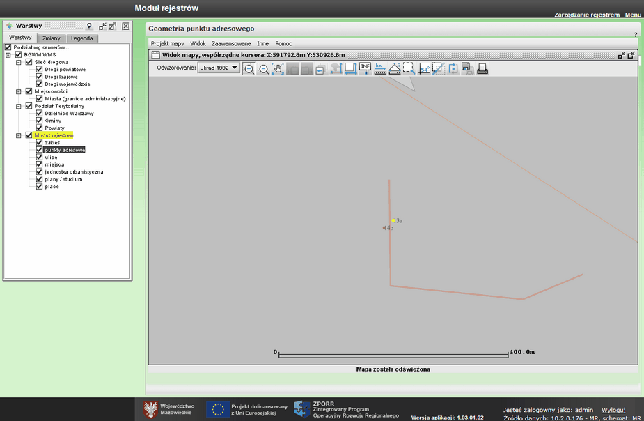 13 Mazowiecki System Informacji Przestrzennej - Moduł Rejestrów dla którego została wprowadzona geometria (rys. 1-14).