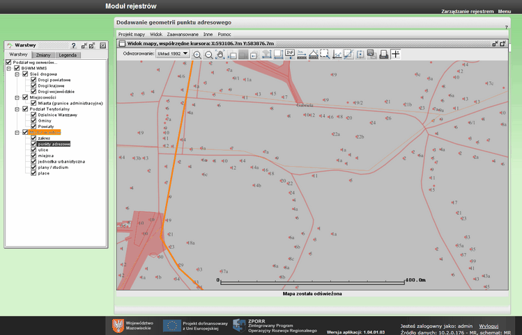 Moduł Rejestrów 20 Przycisk Dodaj geometrię (www) - umożliwia wstawienie wybranego punktu adresowego na mapie.