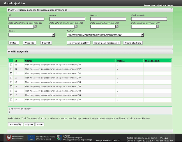 23 Mazowiecki System Informacji Przestrzennej - Moduł Rejestrów Po wybraniu na stronie głównej Modułu Rejestrów odnośnika Plany i studia na ekranie pojawi się formularz przedstawiony na rys. 1-27.