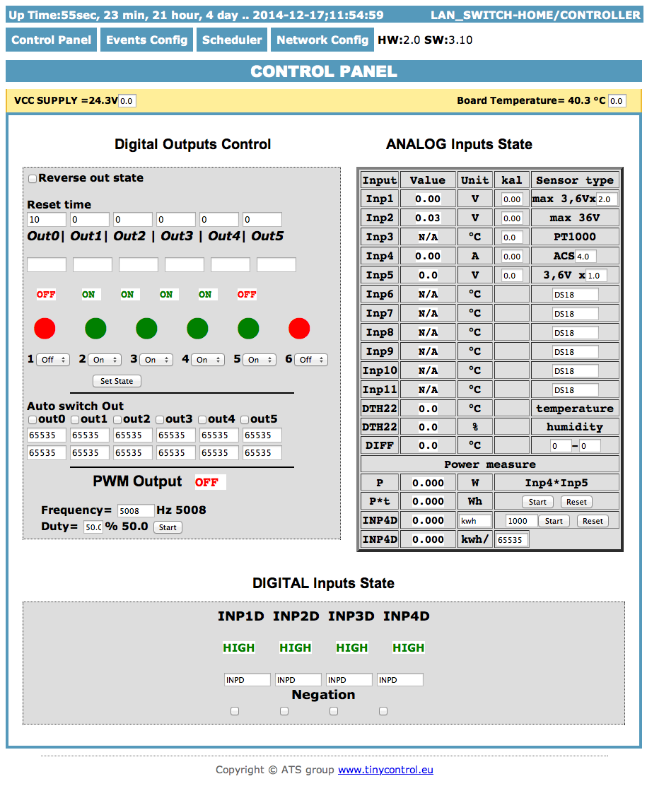 Zarządzanie przez WWW. 1. Control Panel Reset time 0 normalna praca wyjść, dla >0 wyjście po wciśnięciu przycisku zmienia stan i powraca do stanu poprzedniego po upływie czasu w sekundach (max 65534).