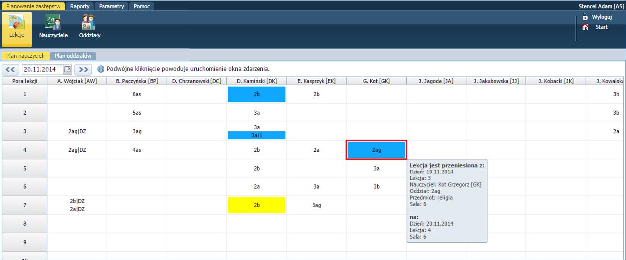 przeniesienie lekcji należy dwukrotnie kliknąć w pole z porą lekcji, wprowadzić zmiany i