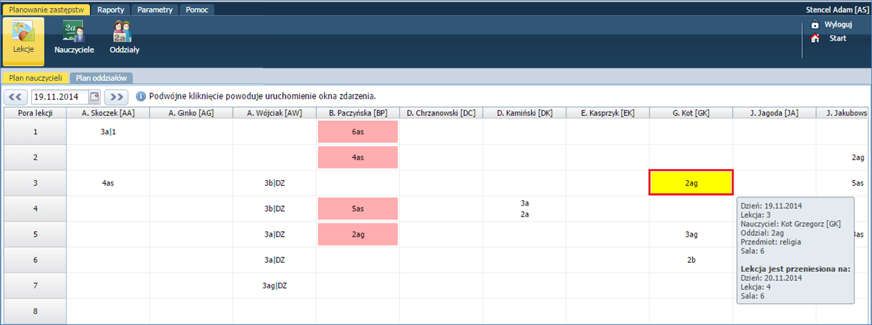 Planowanie i ewidencja zastępstw Po przeniesieniu lekcja podświetla się na niebiesko.