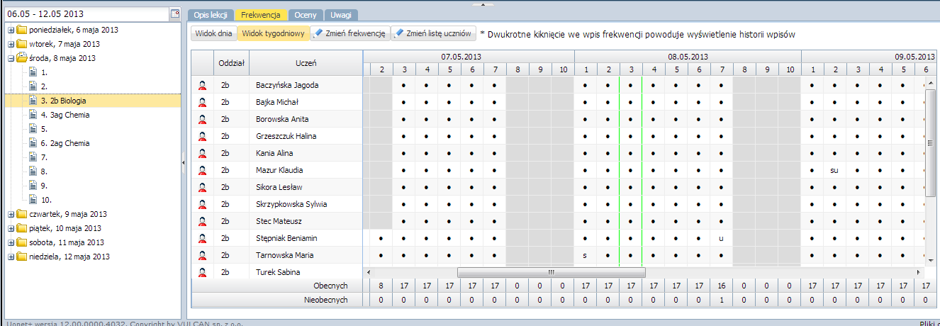 Dokumentowanie lekcji przez nauczyciela w module Lekcja Rysunek 102. Zakładka Frekwencje Karta Frekwencje zawiera odnośniki do czterech kart: Widok dnia pozwala na przeglądanie ocen w oddziale np.