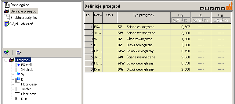 Lekcja 3 - Purmo-therm HR 4.5 + Purmo-OZC 4.5 5. Chcąc stworzyć gotową przegrodę dodajemy definicję przegrody, wpisujemy nazwę i wybieramy typ.