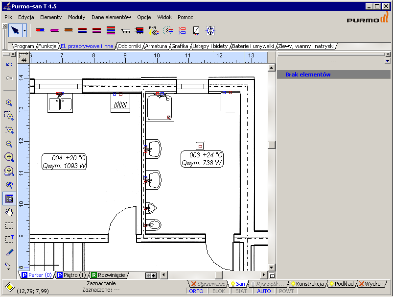 Lekcja 4 - Purmo-san 4.5 T W analogiczny sposób wstawiamy na parterze wszystkie odbiorniki z przynależną do nich armaturą sanitarną. 6. Rozpoczynamy konfigurację punktów czerpalnych.