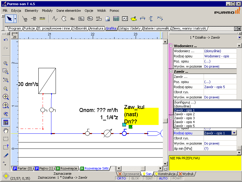 Lekcja 4 - Purmo-san 4.5 T 2. Opisy zaworów występują razem z zaworami i nie trzeba ich osobno wstawiać. Po zaznaczeniu zaworu, na żółtym tle wyświetla się jego opis.