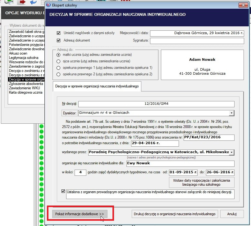 Zmiany w module UCZNIOWIE 1) Dodano dokument o nazwie Decyzja w sprawie nauczania indywidualnego.