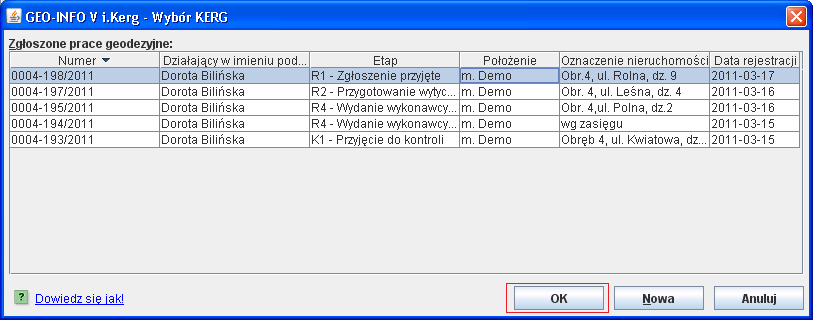 JAK OBEJRZED INFORMACJE O ZAREJESTROWANYCH PRACACH GEODEZYJNYCH Lista zgłoszonych prac geodezyjnych znajduje się w głównym oknie dialogowym systemu Geo-Info V i.