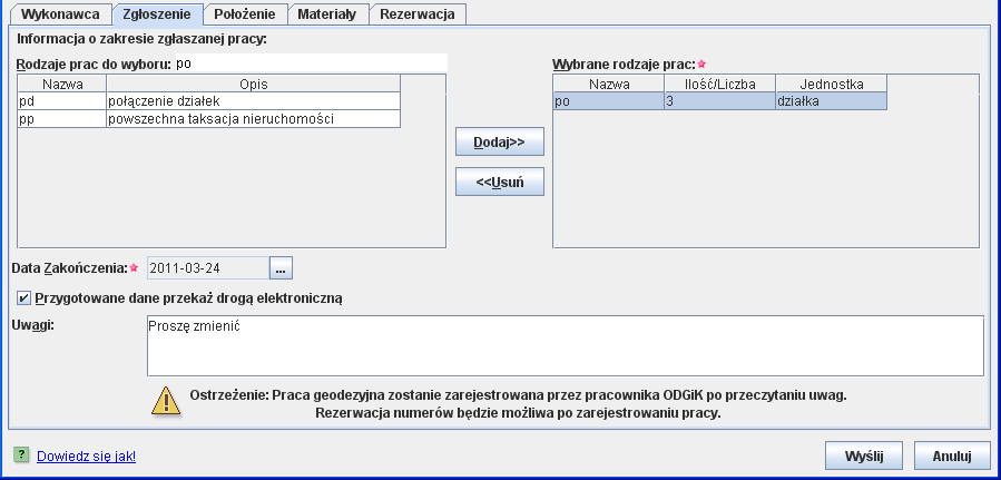 Data zakooczenia uzupełniana jest poprzez rozwinięcie kontrolki daty przy użyciu przycisku: ( ) i wybór przewidywanego terminu zakooczenia pracy geodezyjnej.