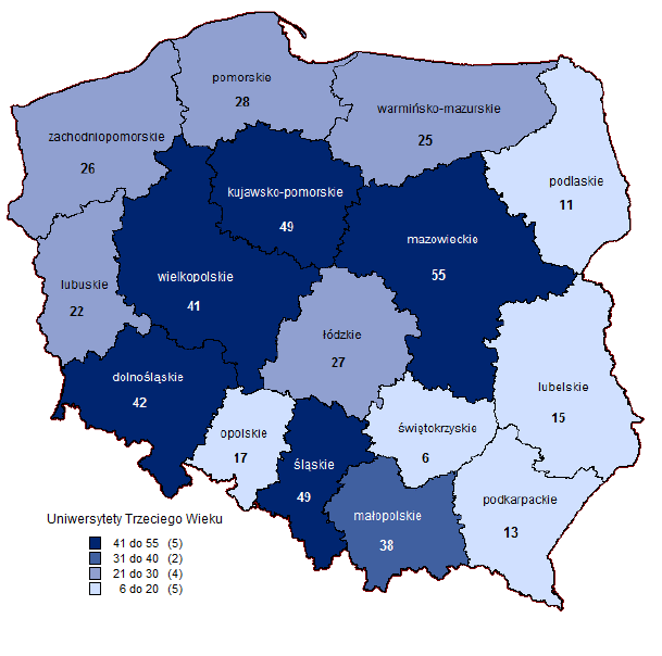 72 2.9.6 Uniwersytety III wieku w Polsce i woj. opolskim 81 W Polsce w 2014 r. były ogółem 464 Uniwersytety III Wieku, w których uczestniczyło ok. 100 tys. seniorów.