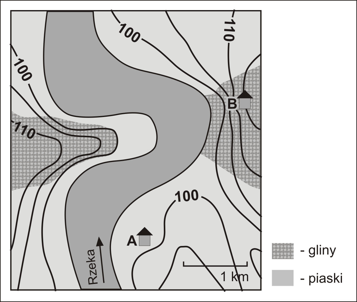 Zadanie 20. Na poniższej mapie zaznaczono położenie dwóch budynków: A i B. Dokończ poniższe zdania, wybierając budynek A lub B. Bardziej zagrożony podtopieniem jest budynek A / B.