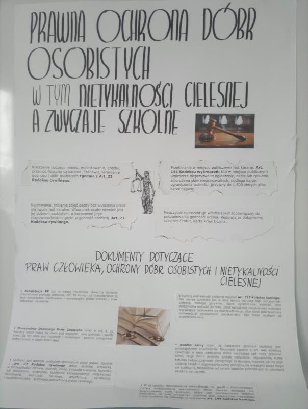 Następnie uczniowie dobierali opisane sytuacje z wybranymi fragmentami dokumentów opisujących naruszenie przyjętego prawa, nakleili na kartki i głośno je odczytali. 1.