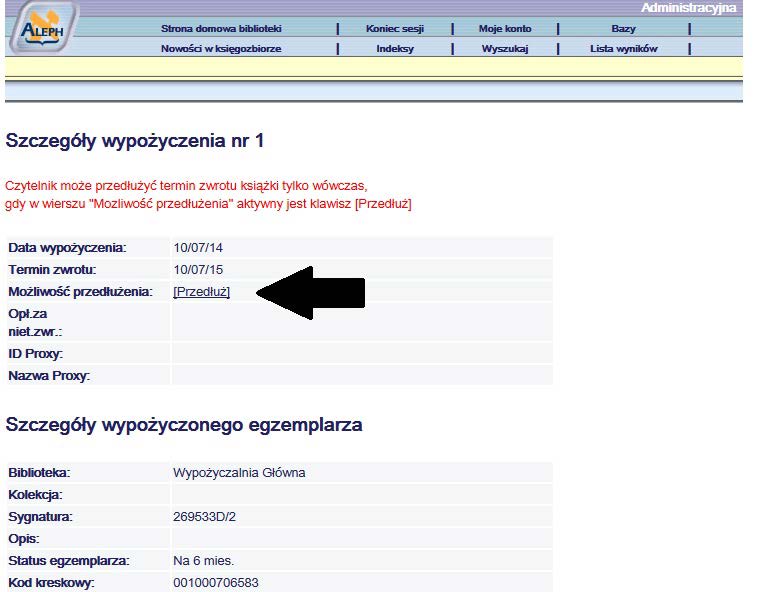 aktywna opcja Przedłuż oznacza możliwość prolongaty terminu wypożyczenia książki,