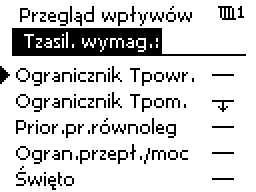 3.5 Przegląd wpływów W menu można znaleźć informacje dotyczące wpływu różnych czynników na wymaganą temperaturę zasilania. Parametry znajdujące się na liście różnią się w zależności od aplikacji.