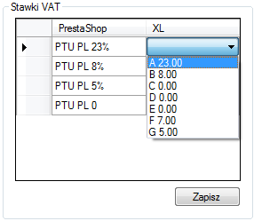 6.1. Synchronizacja stawek VAT W kolumnie po lewej stronie wyświetlone są stawki VAT pobrane z PrestaShop.