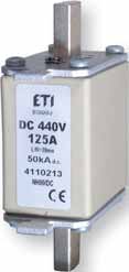 Wkładki topikowe DC Wkładki topikowe WT/NH DC do zabezpieczania obwodów prądu stałego - 50V DC Dane techniczne Napięcie znamionowe 50 V DC (L/R = 0 ms) Zwarciowa zdolność wyłączania 5 ka DC Normy