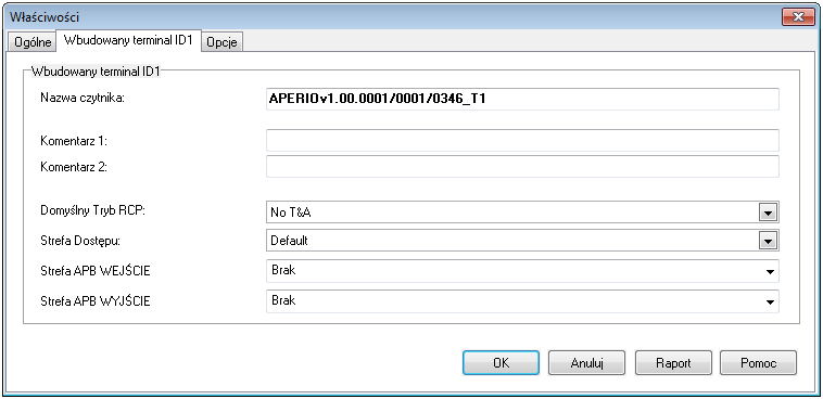4.5.2 Zakładka Wbudowany terminal ID1 Rys. 9 Zakładka Wbudowany terminal ID1 Pole: Nazwa czytnika w tym miejscu możliwe jest nadanie nazwy czytnikowi zamka APERIO.