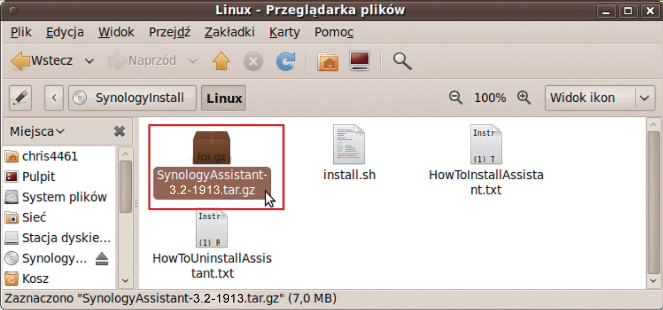 2 Wypakuj plik SynologyAssistant-[liczba].tar.gz do wybranego przez siebie katalogu, na przykład /usr/local lub.. tar -C./ -zxvf SynologyAssistant-[liczba].tar.gz 3 W przypadku używania 64-bitowej wersji systemu Ubuntu zainstaluj biblioteki 32-bitowe.