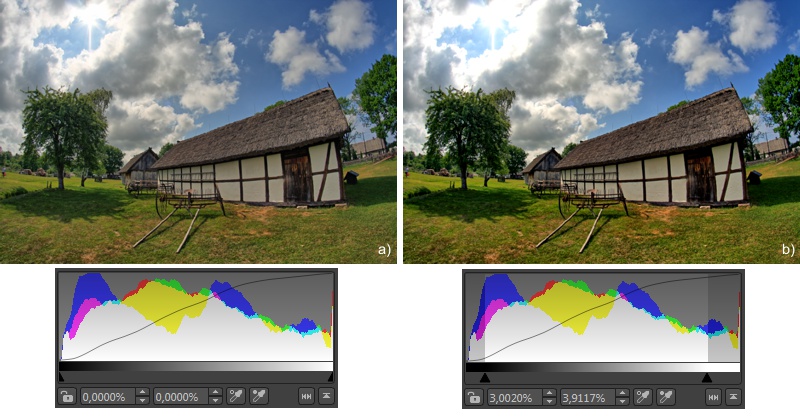 Pełna zarejestrowana dynamika została zachowana na zdjęciu a), natomiast w przypadku zdjęcia b) 4,7% najciemniejszych pikseli zostało przyciętych do czerni oraz 1,8% najjaśniejszych pikseli zostało