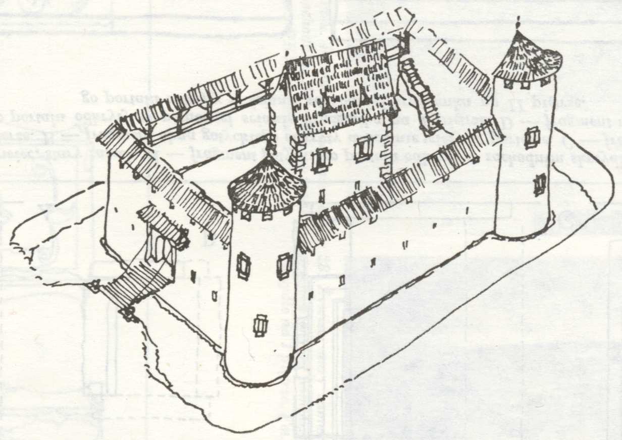 2. Stary Zamek (około 1500 r.) wg rekonstrukcji Andrzeja Swaryczewskiego sporządzonej w oparciu o badania historyczne, archeologiczne i architektoniczne.