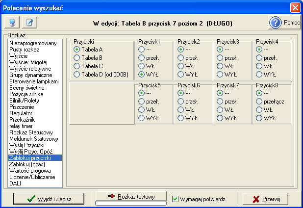 Rysunek 14. Tabela B -> przycisk 7 -> Cel 2 -> Długo -> Zablokuj przyciski Rysunek 15.