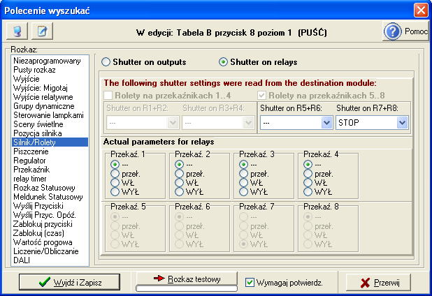 Rysunek 16. Tabela B -> przycisk 8 -> Cel 1 -> Długo -> Silnik/Rolety Rysunek 17.